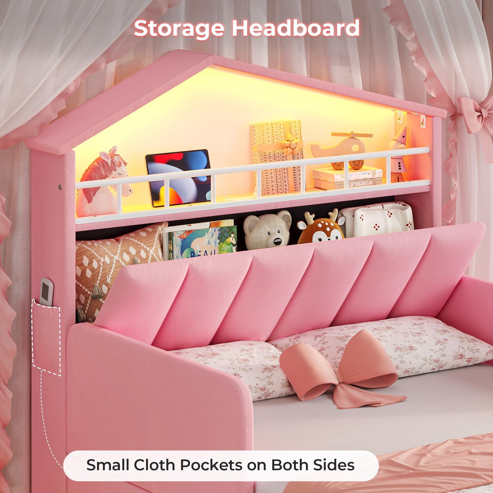 Twin Size Bed Frame with LED Lights,House-Shaped Headboard with Charging Station & Hidden Storage,Velvet Upholstered Platform Bed Twin,Girls Princess Bed with Safety Guardrail,Pink