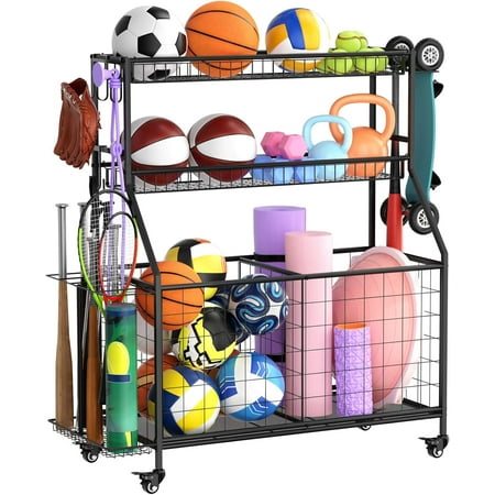 Sports Equipment Garage Organizer – Heavy Duty Garage Organization Ball Rack with Basket Hooks and Rolling Cart for Sports Gear and Toy Indoor/Outdoor Use Black