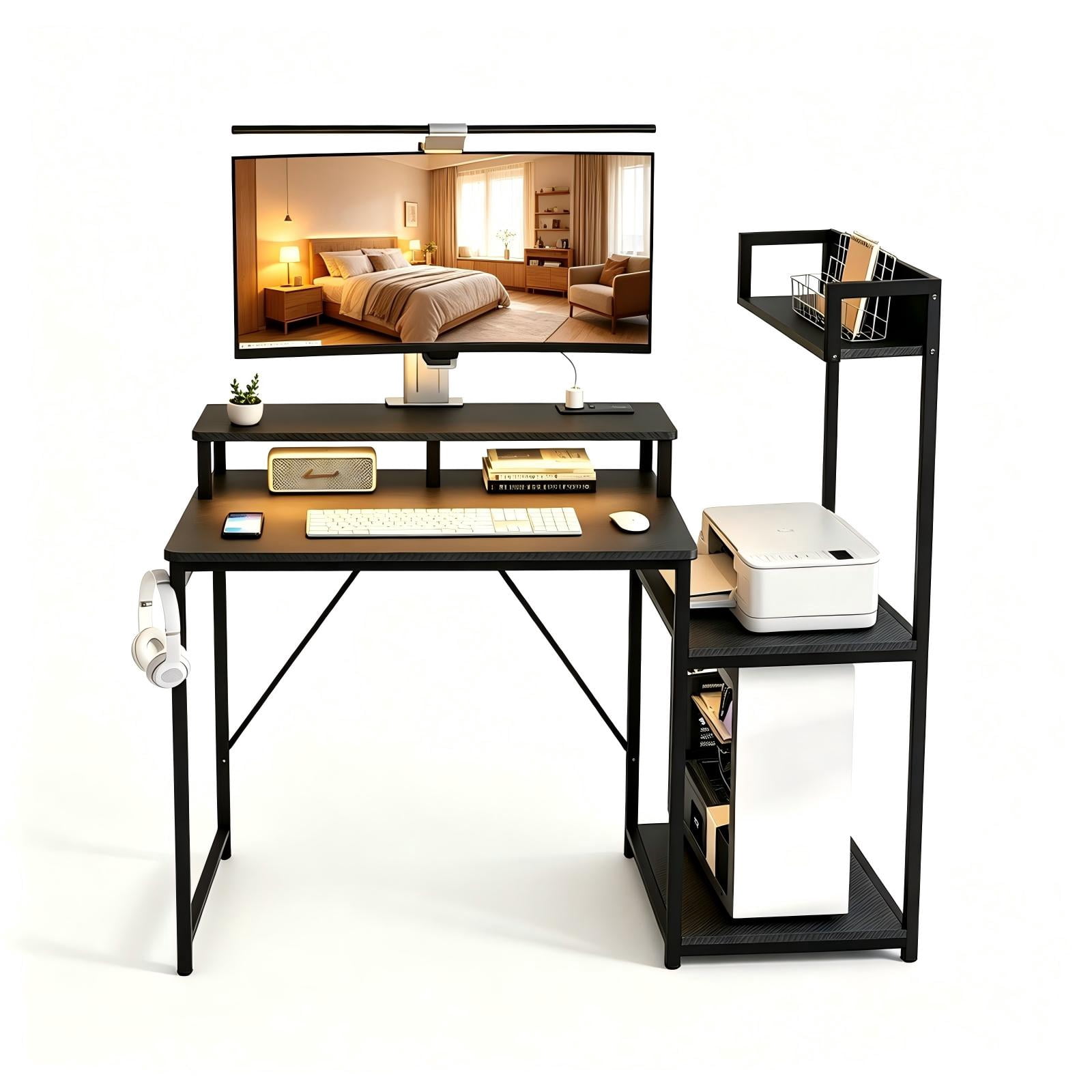 31.5" Gaming Desk with Bookshelf and Printer Stand, Faux Carbon Fiber Veneer, P2 Particleboard, LED Strip, Iron Pipe, Black