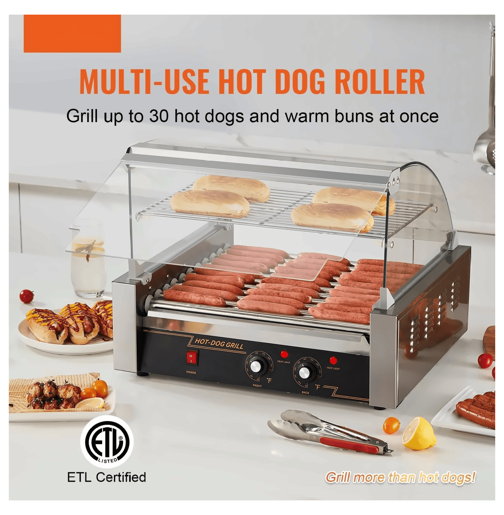 Hot Dog Roller Grill 11 Rollers 30 Capacity, 1650W Stainless Steel Sausage Cooker with Temp Control, Bun Warmer, Drip Tray, ETL Listed