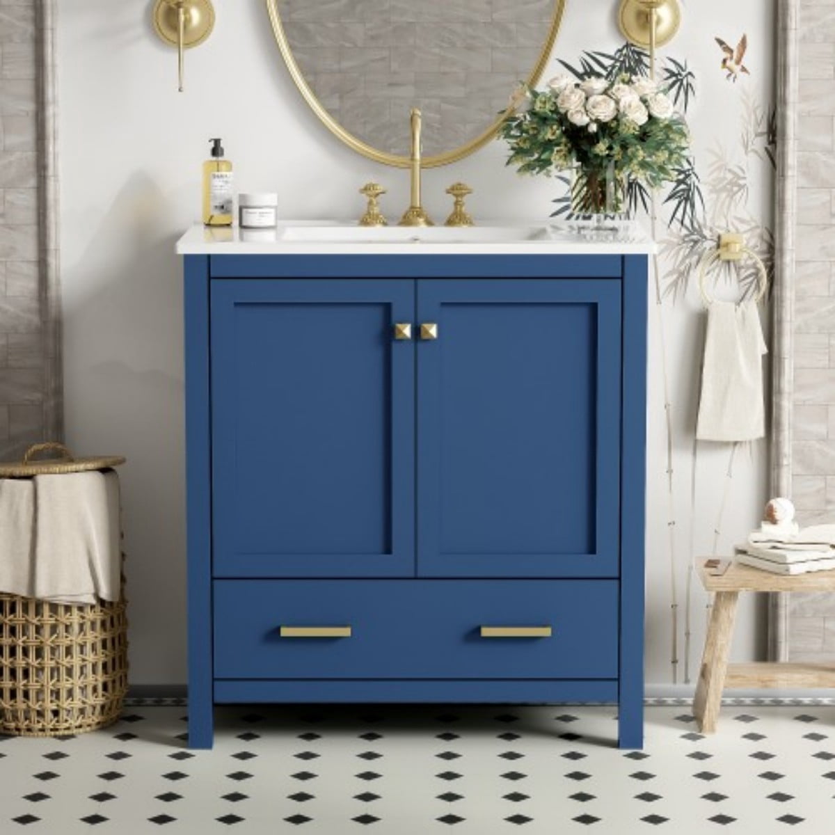30" Bathroom Vanity with Sink, Modern Bathroom Cabinet with Ceramic Undermount Sink, Solid Wood Frame Storage Cabinet with Soft Close Doors, Drawer Organizer, Blue