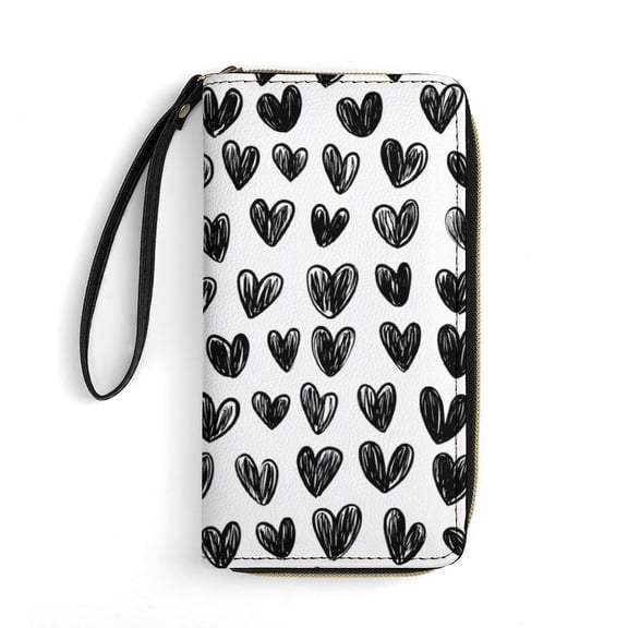 Womens Wallet Bifold Ladies Cluth Bag Wristlet Wrist Strap Long Purse Black Heart Design