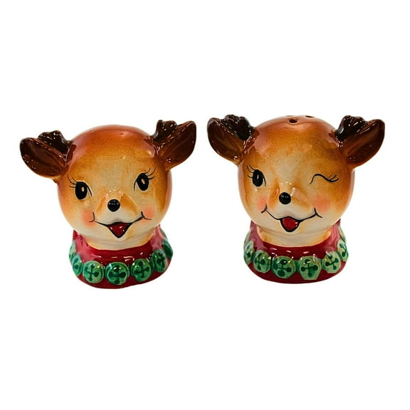 Transpac 3.00In Vintage Reindeer Salt & Pepper Set, Dolomite, Winking Holiday Playful Smile Tc03054