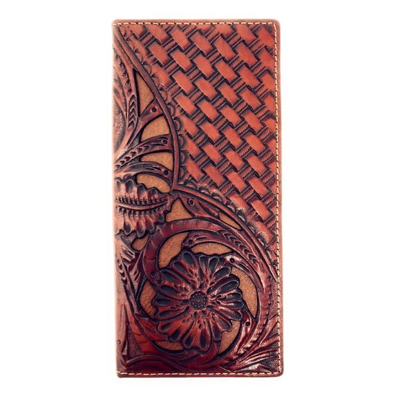 Texas West Genuine Leather Basketweave Floral Tooled Laser Cut Mens Long Bifold Wallet