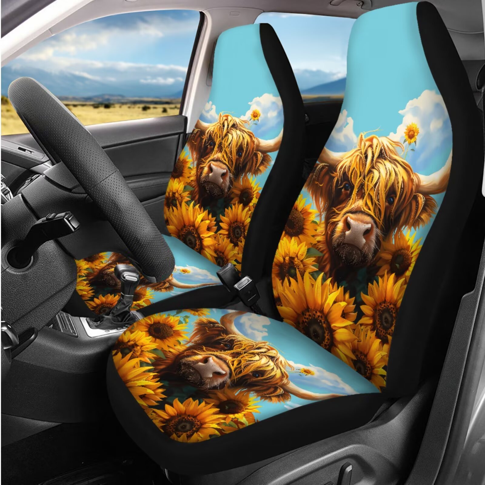 Yuyamidu 14 PCS Car Seat Covers and Steering Wheel Cover Highland Cow Seatbelt Strap Pad Sunflower Armrest Cover Pad Headrest Cover Cup Coasters Key Ring