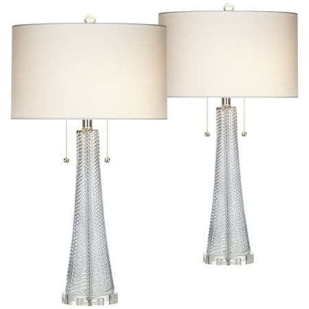 How To Glass Bed Possini Euro Design Modern Table Lamps Set of 2 Gray Swirl Fluted Glass White Drum Shade for Living Room Family Bedroom Bedside ()