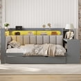 thumbnail image 5 of Harper & Bright Designs Full Size Corner Daybed with Storage Shelves & Trundle, Wood Corner Bed with Charging Station & LED Light, Desk & Upholstered Headboard and Backrest, Gray, 5 of 14