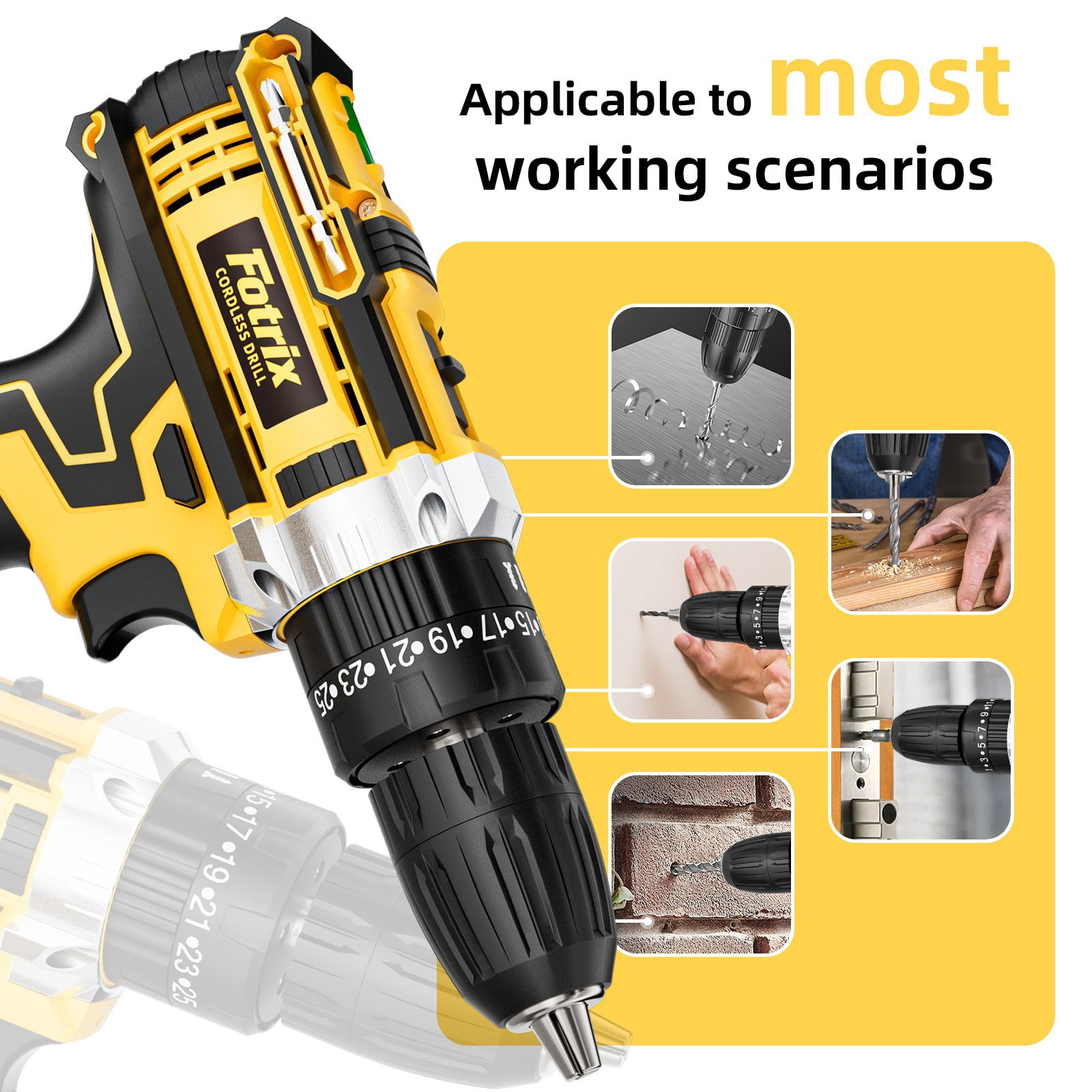 Fotrix 21V cordless impact drill (2.0Ah battery *1 with Tool box ) Powerful Motor for Drilling & Driving, 25+1 Torque Settings, 3-in-1 Versatile Working Modes, 2-Speed Control & Ergonomic Design