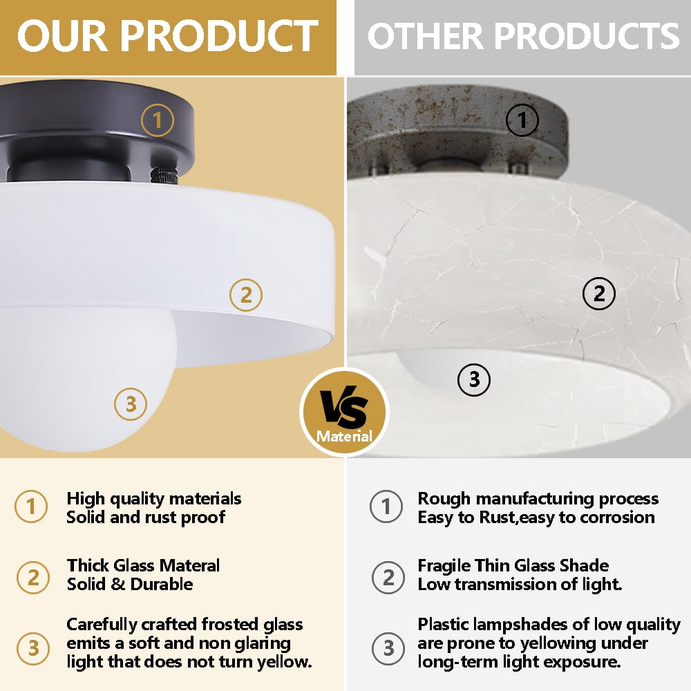 Mid-Century Modern Semi Flush Mount Ceiling Light, Kitchen Ceiling Light Fixture with Glass Shade,Vintage Close to Ceiling Lamp for Entryway Hallway Bathroom