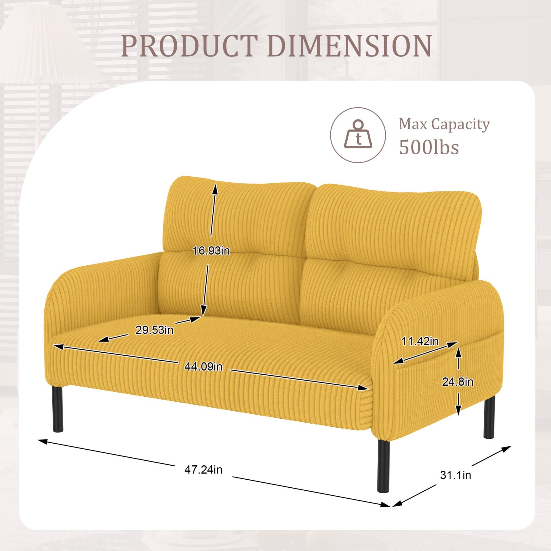 Corduroy Loveseat Sofa, Modern Upholstered Double Sofa Couch with Side Pockets for Living Room Bedroom Apartment, Yellow