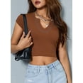 thumbnail image 4 of Women Summer Short T-Shirt, Short Sleeve Patchwork Tailored V-Neck Ribbed Crop Top, 4 of 7