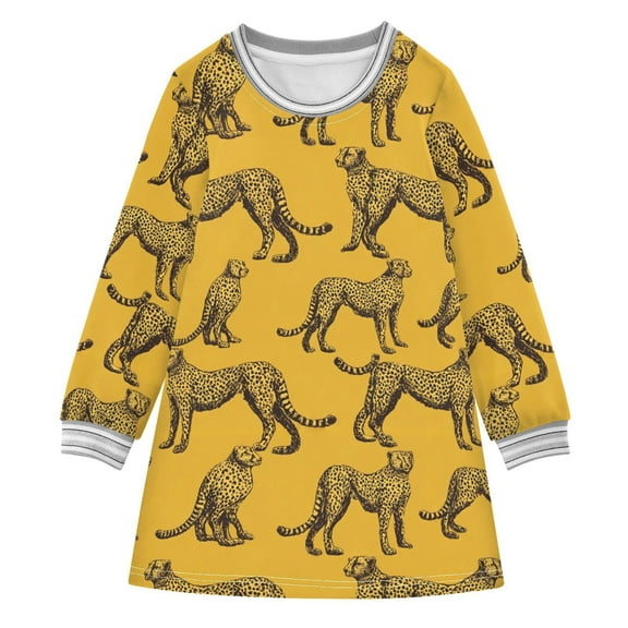 Girls' long-sleeved dress Retro Cheetah Girls' A-line dress with ribbed cuffs Soft and comfortable