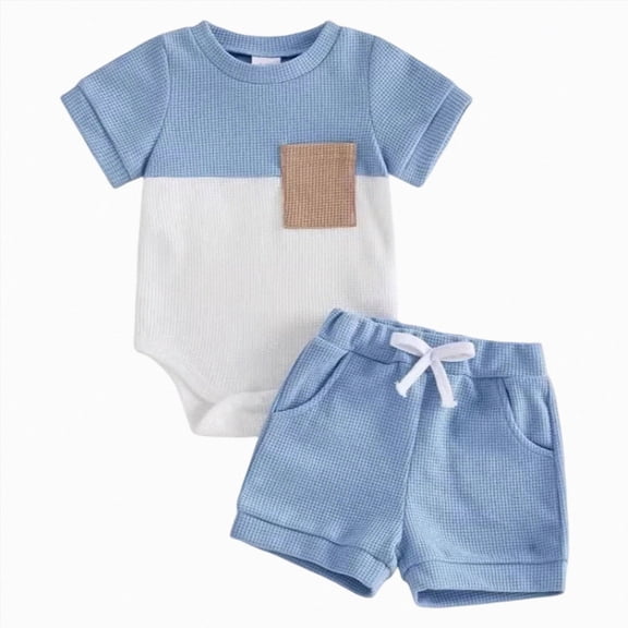 Baby Boy Summer Outfit Set Contrast Color Romper Tops With Elastic Waist Shorts Cute Waffle Clothes