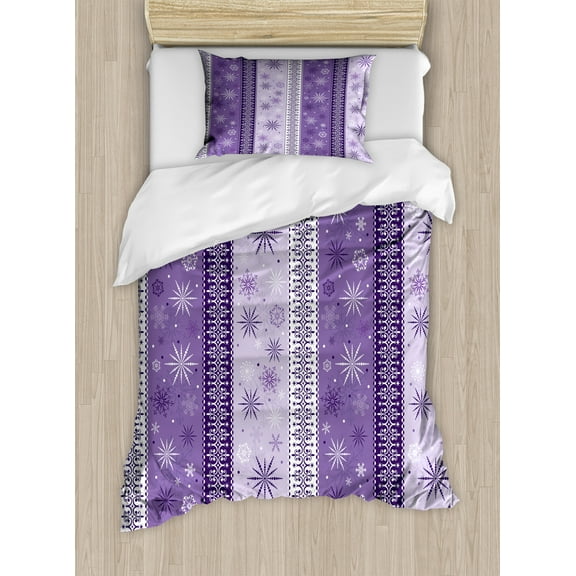 Ambesonne Ethnic Duvet Cover Set, Christmas Snowflake Noel, Twin, Lavender Violet White