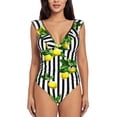 thumbnail image 2 of Goofa Lemons on Striped Print Women's Ruffled One Piece Swimsuit V Neck, 2 of 7