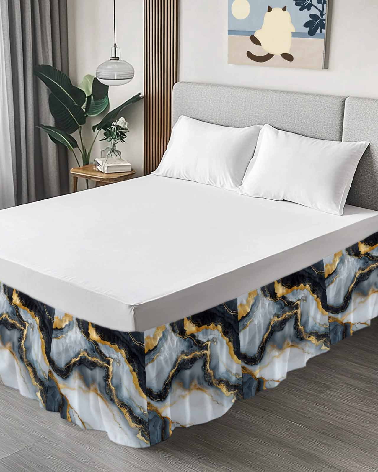 Black Golden Marble Wrap Around Bed Skirts for Queen Bed 16" Drop,Bed Skirt with Adjustable Elastic Belt Dust Ruffle Bed Valance for Bedroom Hotel Luxury Modern Ink Painted Aesthetics Bed Frame Cover