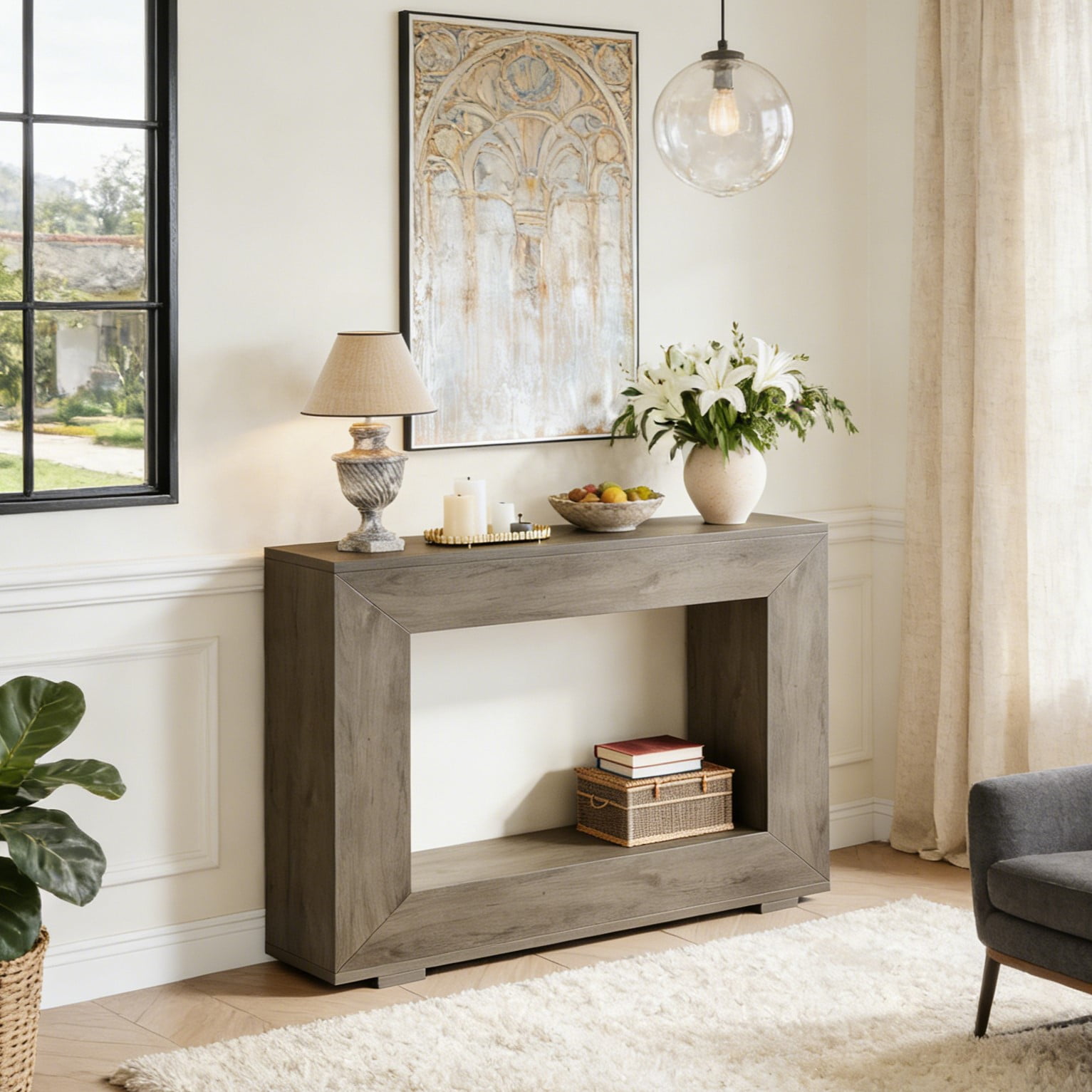 Fnova Farmhouse Console Table for Entryway, 47.2" Long Narrow Wood Entryway Table, Easy Assembly, Light Gray