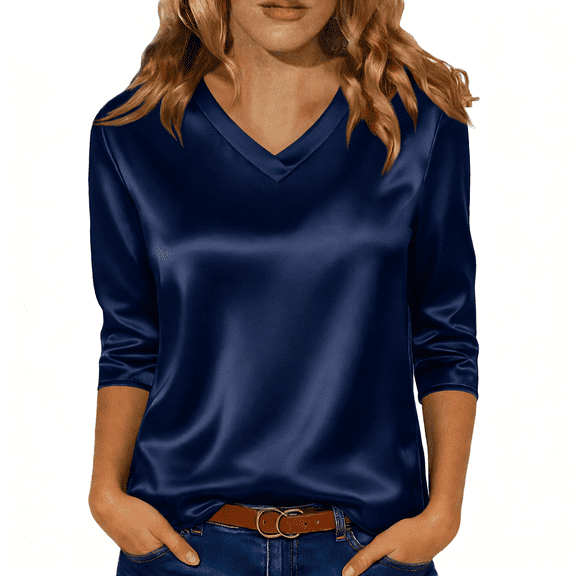 Women Silk Satin Tops Cap 3/4 Length Sleeve Blouse Summer V Neck Shirts Business Casual Outfits #01Navy XL