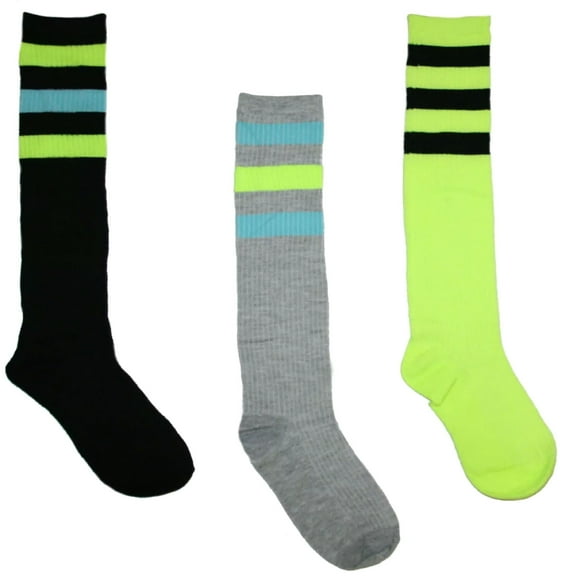 Old School Tube Socks 3 Pack, Black/Neon Yellow, Gray/Blue, and Neon Yellow/Black (9-11)