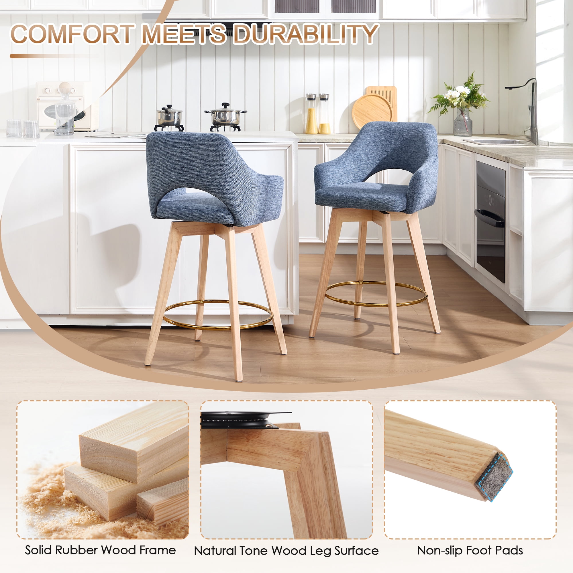 Zesthouse 26.8″ Swivel Counter Height Bar Stools Set of 2, Upholstered Linen Bar Stools with Back and Wood Legs, Mid Century Modern Barstool Island Chairs for Kitchen Counter, Blue