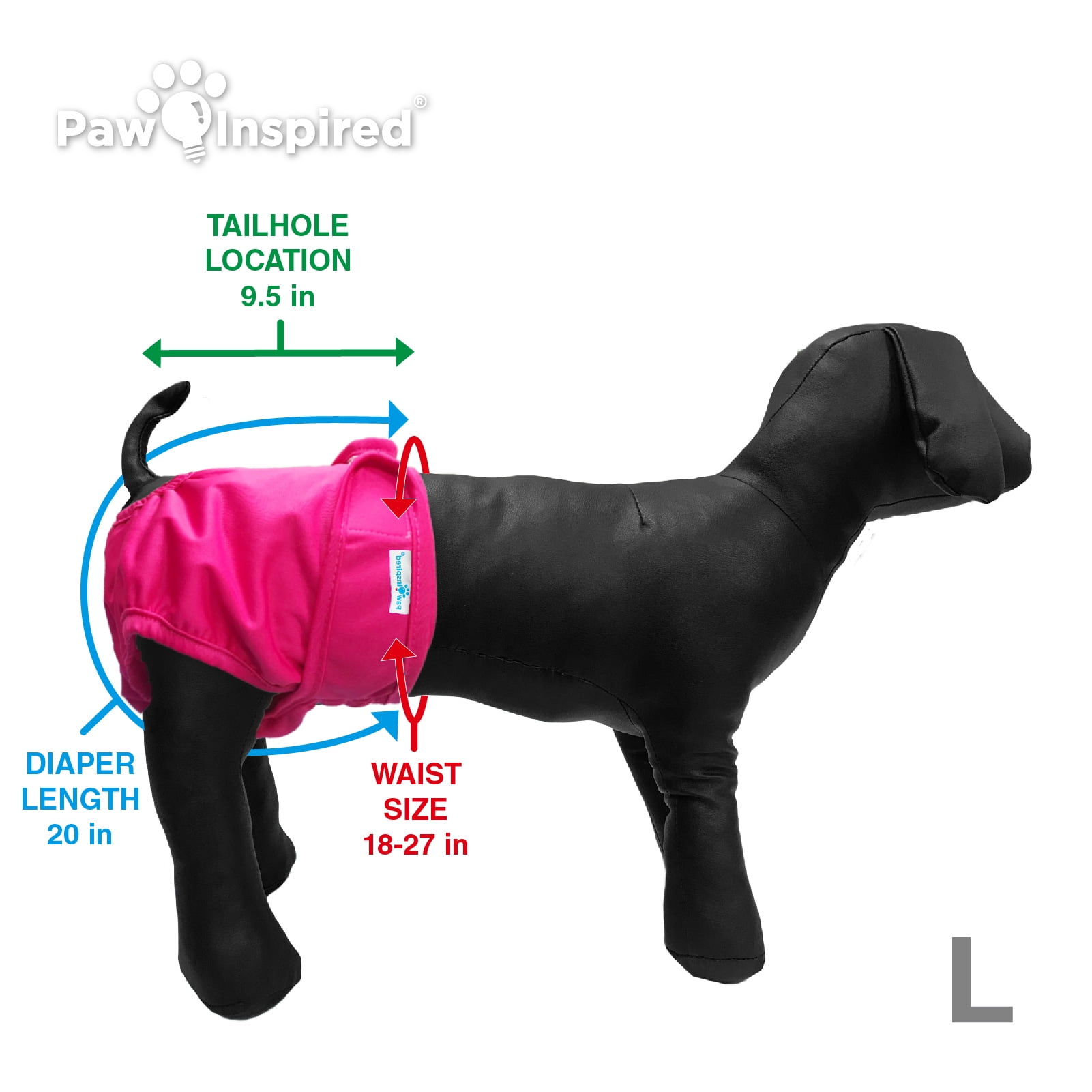 Paw Inspired 2ct Washable Reusable Dog Diapers for Female Doggie, Puppy, Cat | Cloth Diapers for Dogs in Heat, Pet Diapers | Incontinence Diapers that Stay On (Assorted (Black Lining), Large)