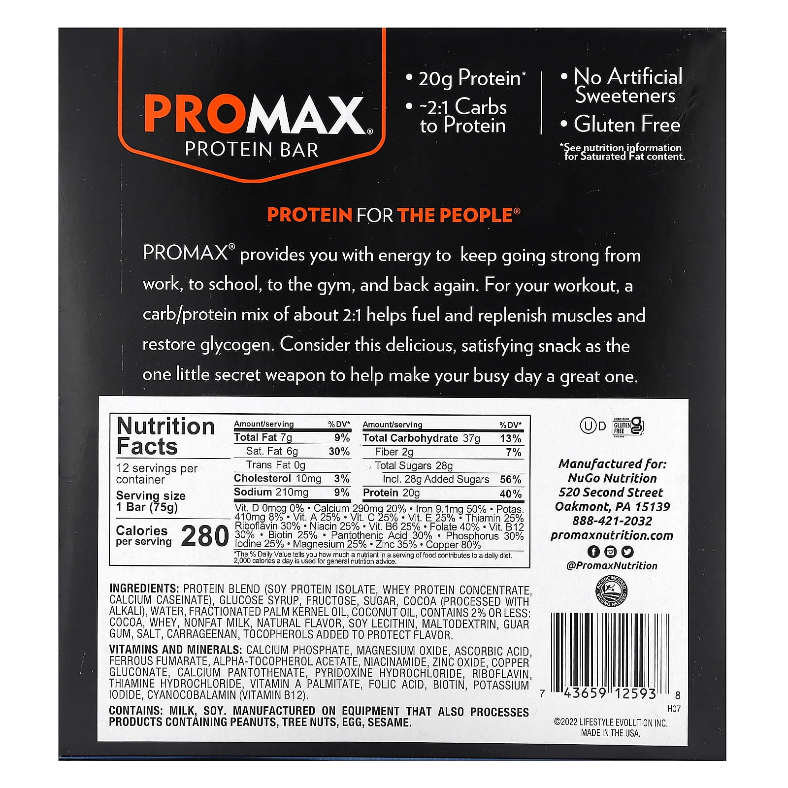 Promax Double Fudge Brownie, 20g High Protein, Gluten Free, 12 Count