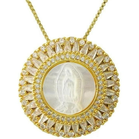 Our Lady of Guadalupe,Cadena Virgen De Guadalupe Mother of Pearl Cubic Zirconia Necklace,Medal Medallion Necklace