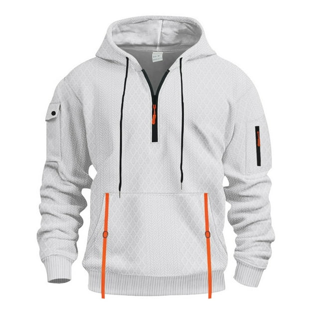 Xfvqtps Men Solid Color Long Sleeved Hooded Half Zip Pullover Sweatshirt White