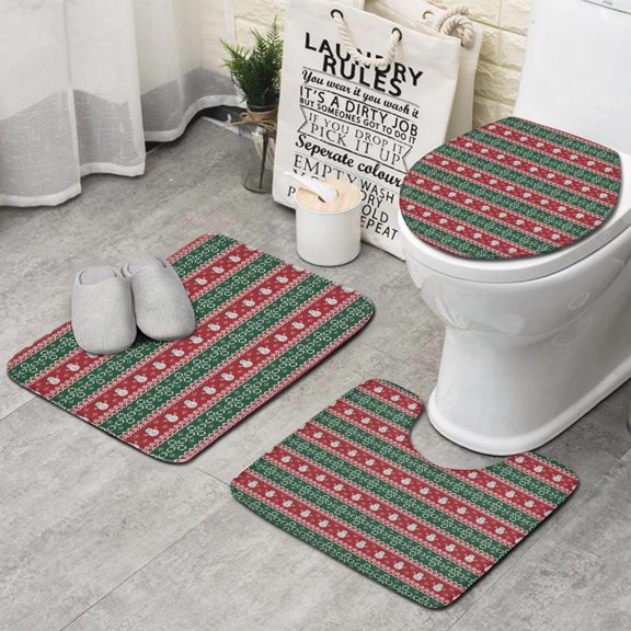 Red and Green Christmas Snowman Pattern Bathroom Rugs Sets 3 Piece,Toilet Cover Set,Absorbent Non Slip Bathroom Mats Sets with U-Shaped Contour Rug Toilet Rug Set