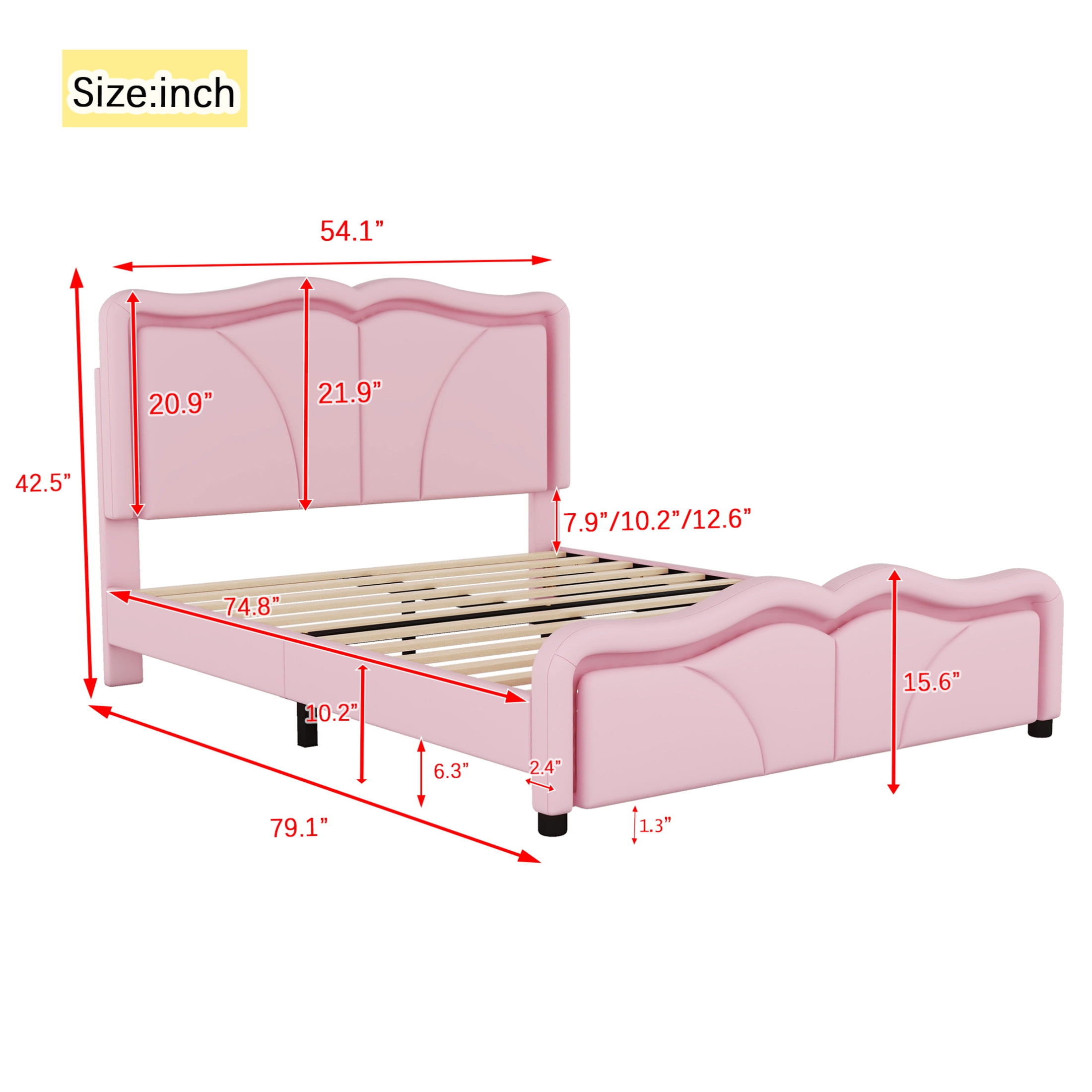 Noble House Sheila Full Upholstered Platform Bed, Curve Shaped Height-Adjustable LED Headboard, PU Leather, Pink