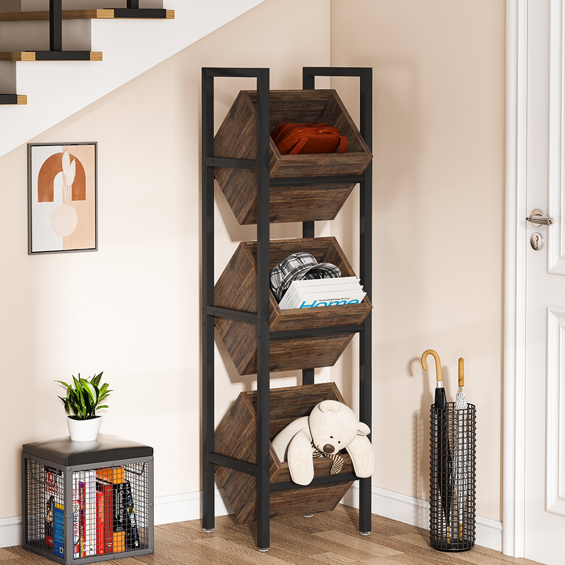 Basket Stand, 3 Tier Wood Shelving Unit with Baskets