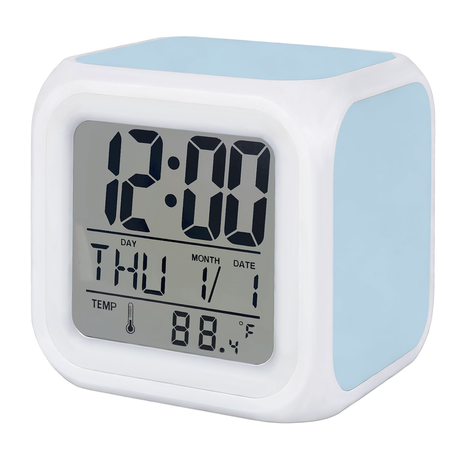Ice Blue Alarm Clock, Light Blue Color Solid Background Rustic Farmhouse Digital Clock Night Light with 7 Color, Calendar Temperature Display, LED Desk Small Clock for Bedrooms Bedside Living Room