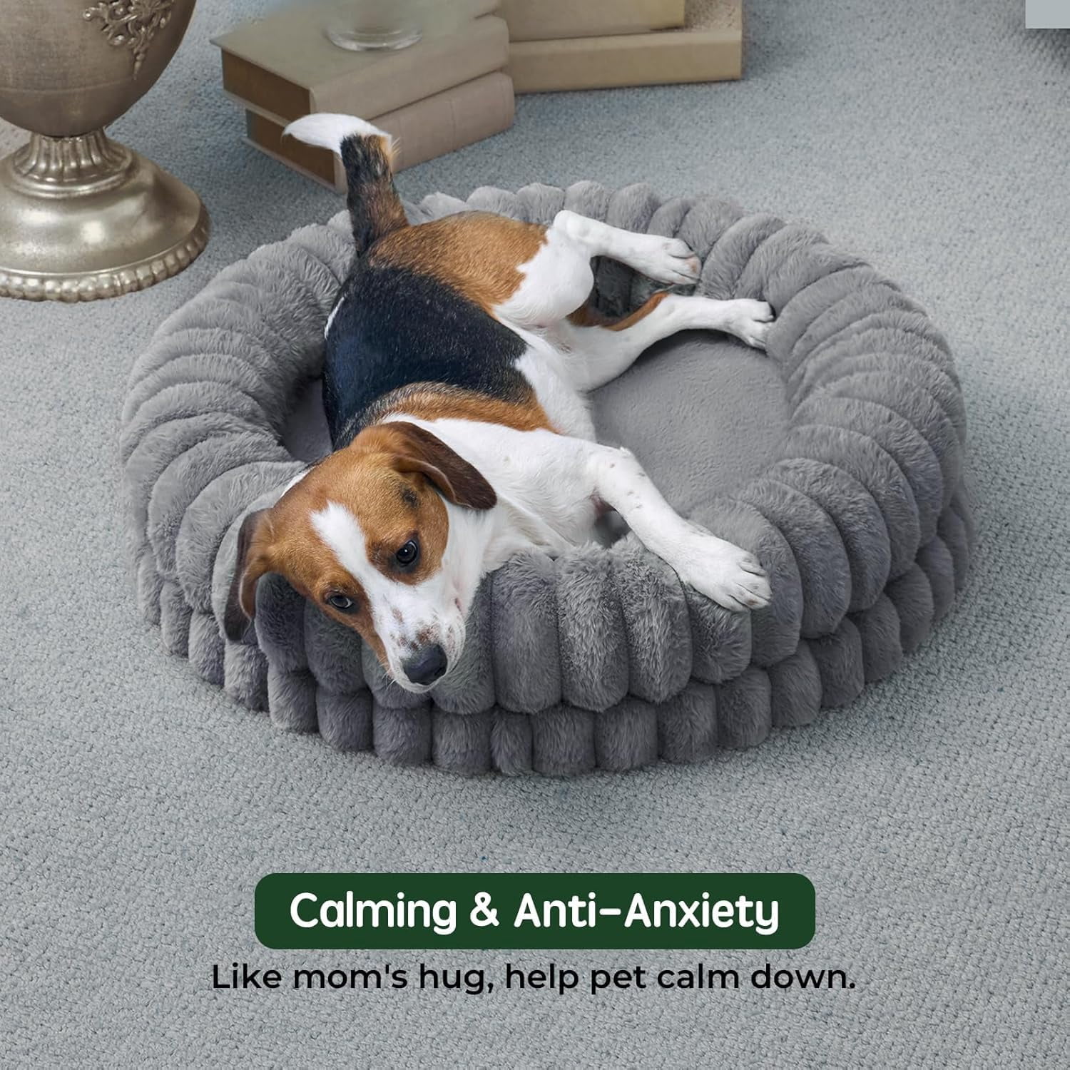 Luxury Donut Dog Bed, 30 Inches Round Dog Bed Medium Size Dogs Washable, Orthopedic Calming Dogs Bed for Pets with Anti-Slip Bottom, Gray