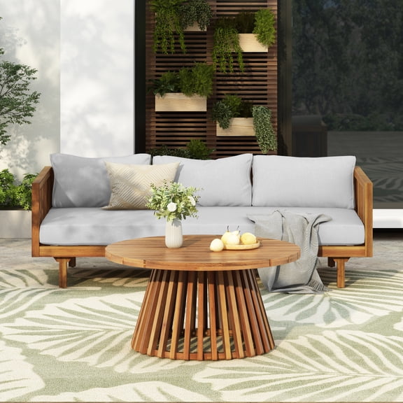 Gearwell Patio Daybed Set, Acacia Wood Outdoor Sofa Set and 3 Seater Lounge Furniture with Water-Resistant Thick Light Gray Cushions, Round Coffee Table for Garden Patio