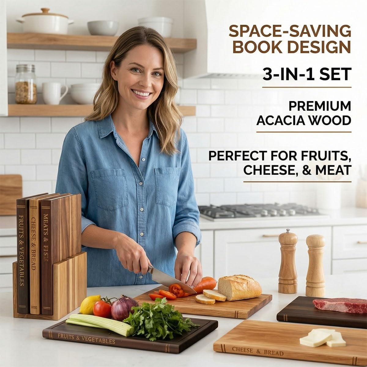 Library Cutting Board Set, Wood Book Cutting Boards with Stand, Decorative Cutting Boards for Kitchen Display, Acacia Wooden Chopping Board Set of 3