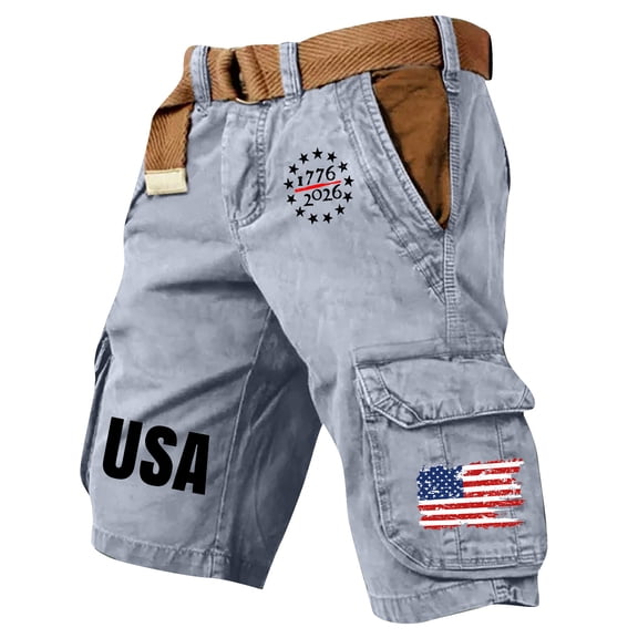 GrmtClth Mens Independence Day Cargo Shorts 2026 Patriotic American Flag Print Summer Short Classic Multi-Pocket Pants Comfy Work Short Trouser Light Gray 2XL