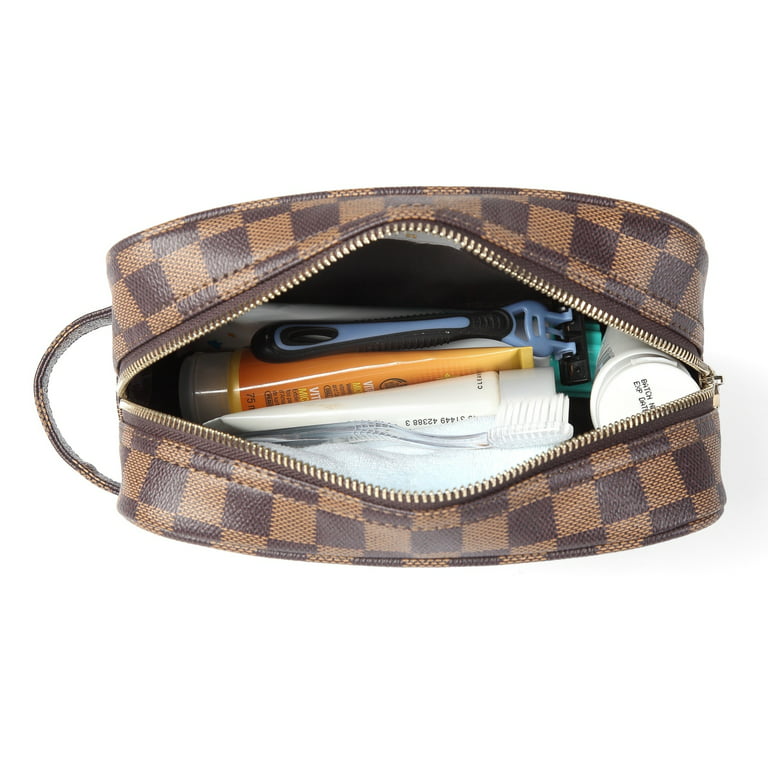 Daisy Rose Cosmetic Toiletry Bag PU Vegan Leather Travel Bag for Women -  Brown Checkered 