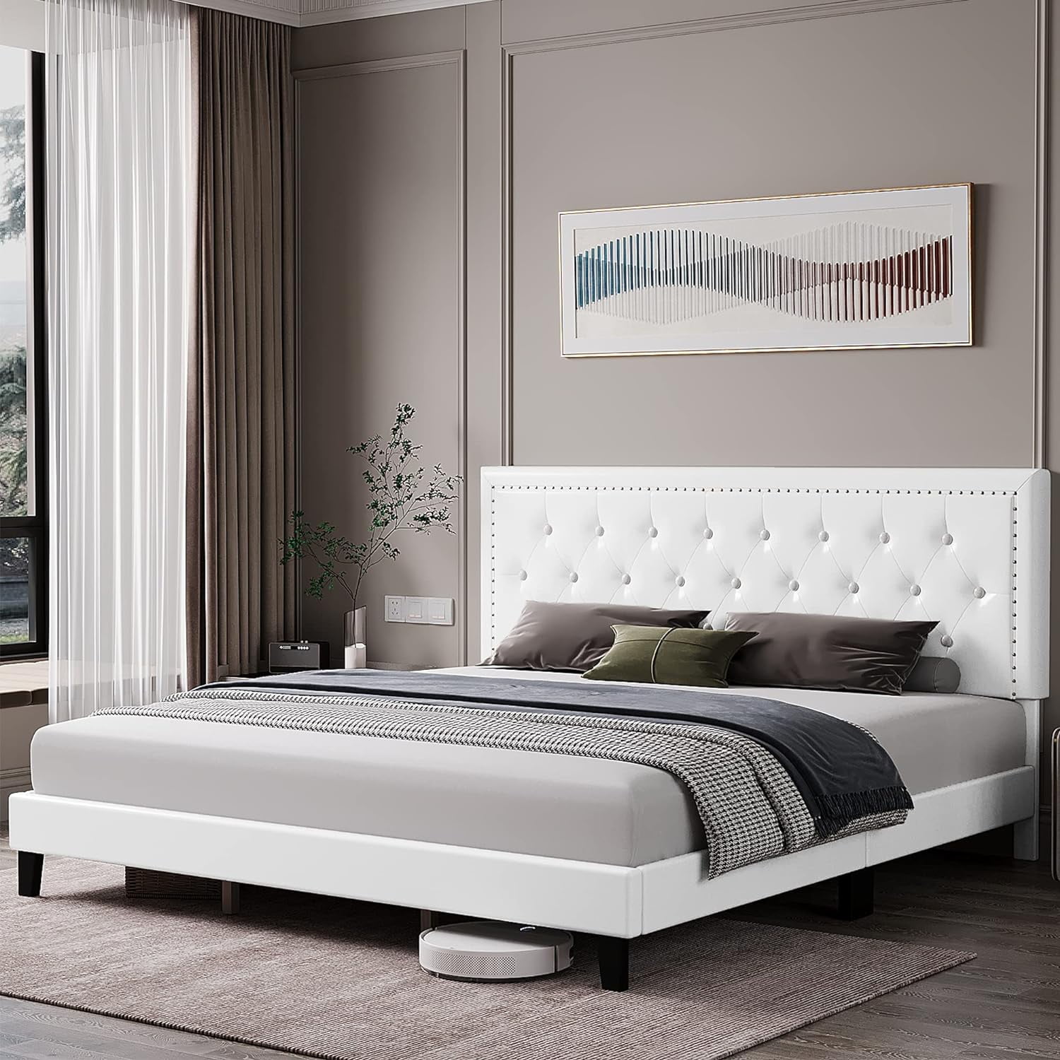 ♡HIME♡ Homfa Queen Bed Frame with Adjustable LED Headboard, PU
