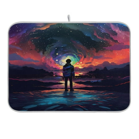 

Dish Drying Mat Kitchen Counter Young Man and Colorful Nebula Dishes Drainer Pad Absorbent Microfiber Reversible 18 x24