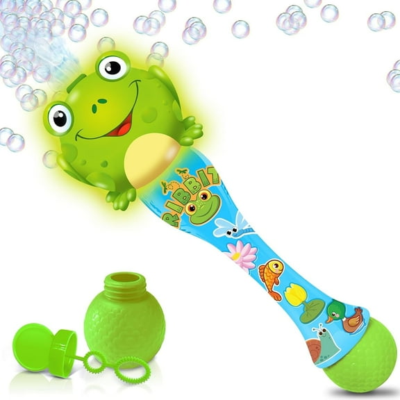ArtCreativity Frog Bubble Wand – Light-Up Blower with Music, Stickers, Bubble Solution, 3 x AA Batteries Included, Fun Toy for Kids Ages 3 