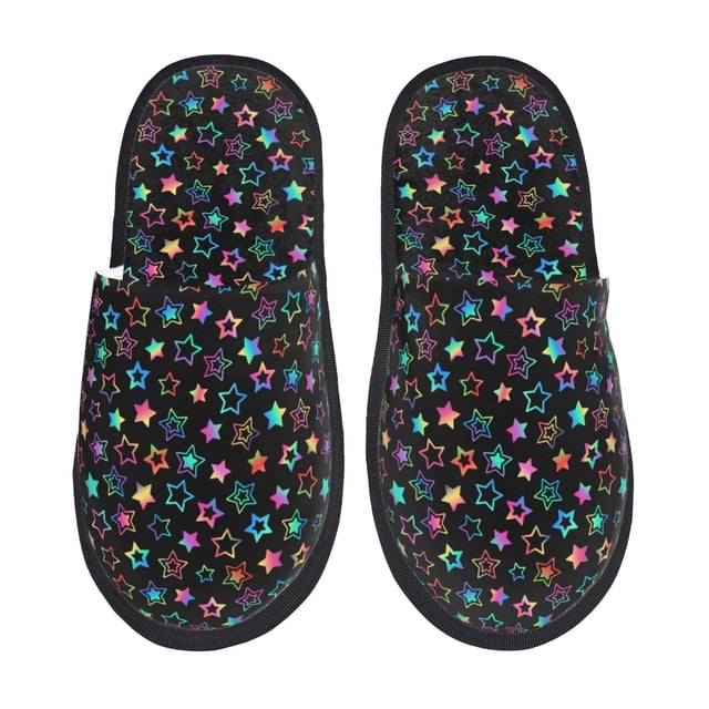 Fotbe Multi-Colored Stars Pantuflas Peludas para Mujer con Estampado, Zapatillas de Peluche, Zapatos de Invierno para Casa, Uso Interior y Exterior-Large