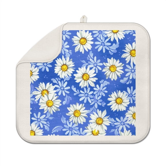 Summer Kitchen Dish Drying Mat with Daisy Pattern Microfiber Drainer Pad for Dishes Absorbent Floral Rack Mat Foldable 16x18 Inch