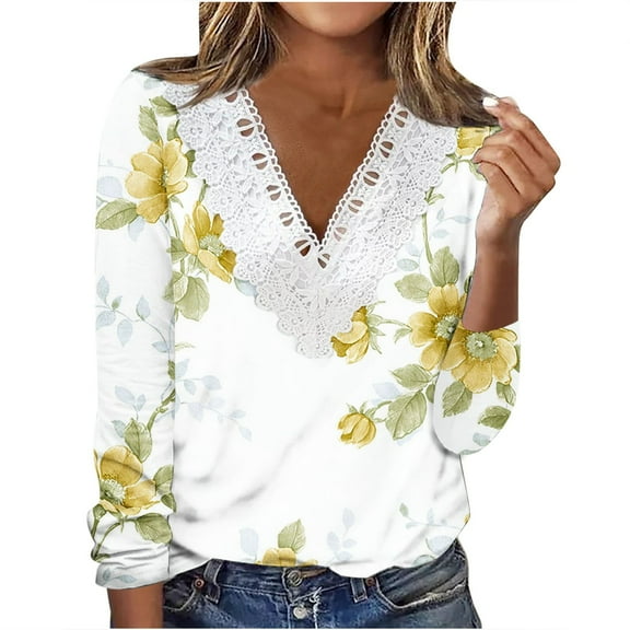 IROINNID Reduced Women's Long Sleeve V-Neck Shirts Daily Summer Sexy Fold Printed Regular Long Sleeves V-Neck Button Top,Yellow