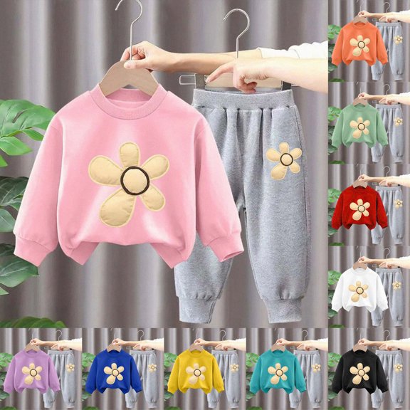 Girls Fall Winter Cute Flower Print Long Sleeved Sweatshirt Pants Daily Two Piece Set 6-24 Months 2T 3T 4T 5T 6T Children White,5-6 Years