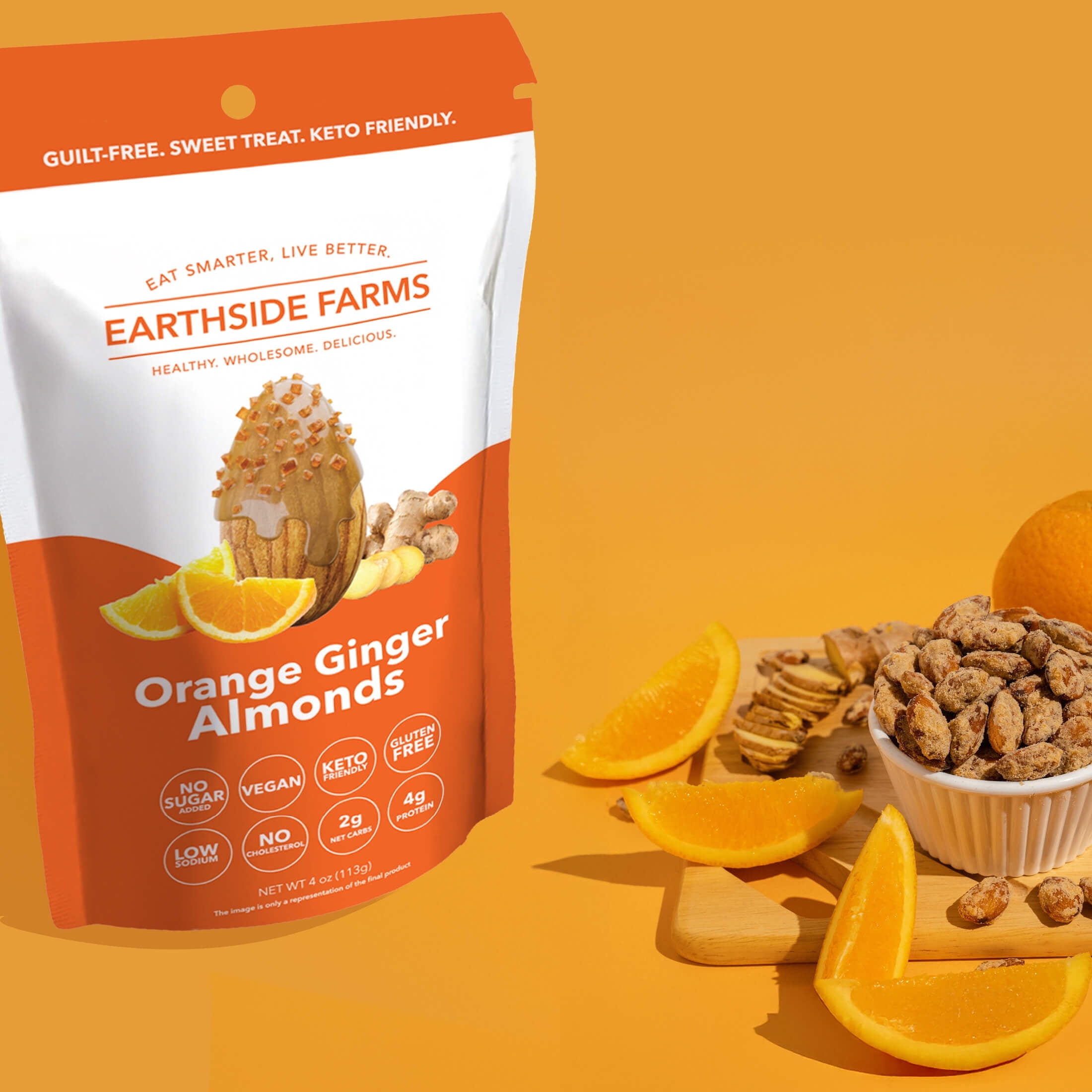Earthside Farms Orange Ginger Almonds 4oz (3 Pack), Healthy Snack, Keto-Friendly, Vegan, Gluten Free, No Added Sugar, Non-GMO, Guilt-Free Snack, Clean Ingredients, Snack Packs