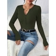 thumbnail image 5 of Women'S Long Sleeve Henley Tops Ribbed Knit Slim Fitted Trendy T Shirt Basic Tees Layer Fashion Outfits Green XL, 5 of 8
