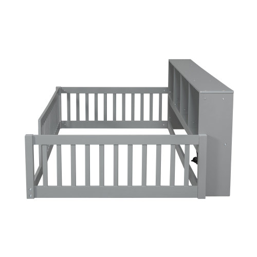 Bellemave Twin XL Size Floor Bed with Storage Cabinet Twin XL Wood Bed Frame with Headboard and Guardrails Twin XL Storage Bed Frame with Charging Station Low Floor Bed, Gray