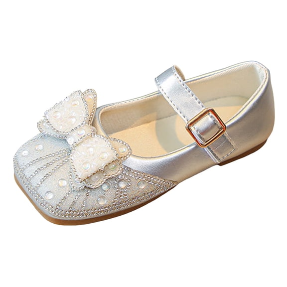 Staki Dress up Shoes Girls Dress Shoes Toddler Mary Jane Shoes Flats with Bow for Toddler/Little/Big Kids(Silver,1.5 Big Kid)