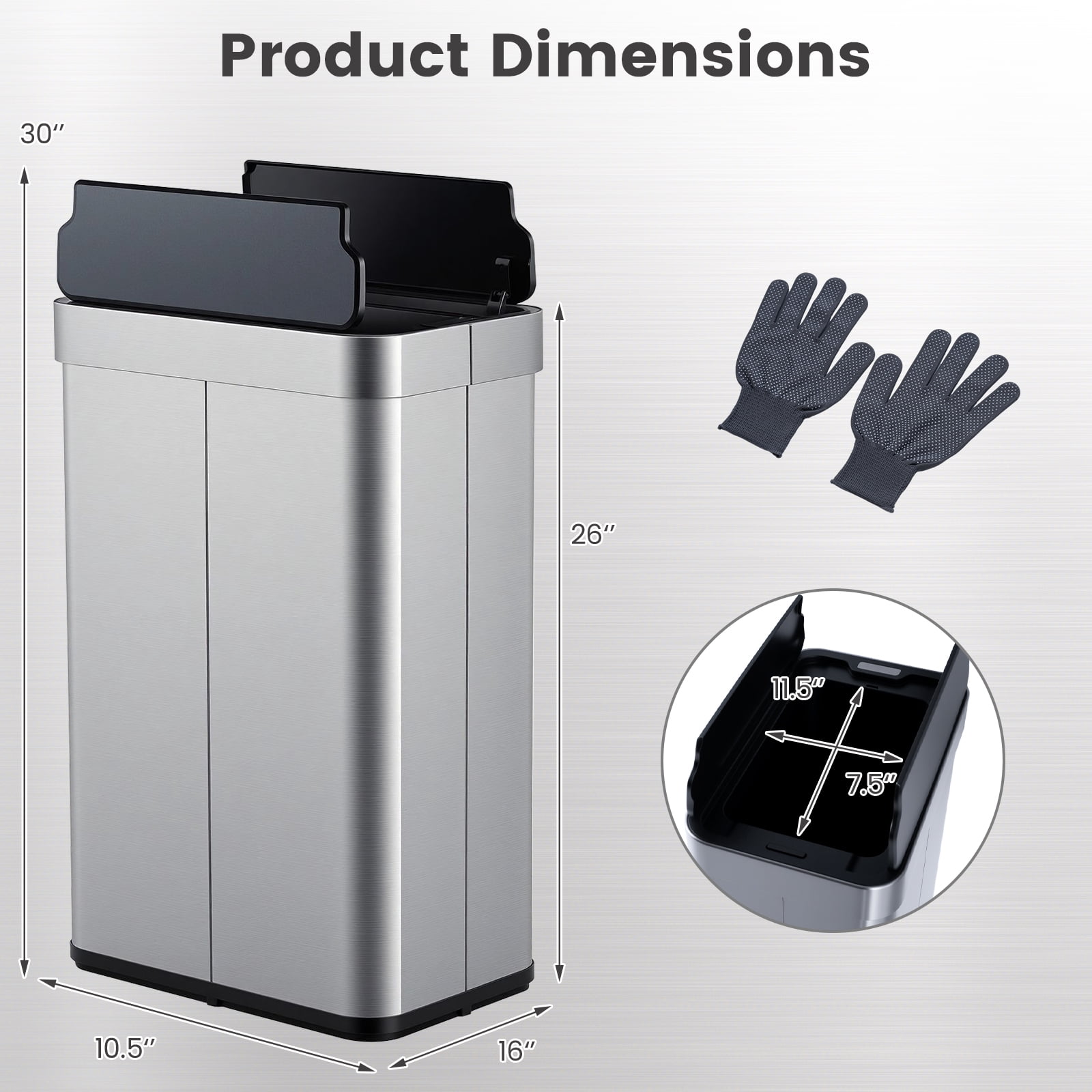 Costway 16 Gallon Trash Can with Wing Lids for Bedroom Bathroom Kitchen, Stay Open,Sliver