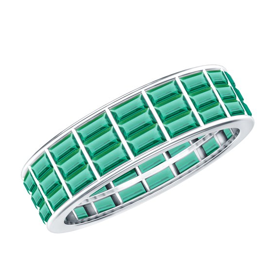 Rosec Jewels Baguette Shape Created Emerald Full Eternity Band for Women - AAAA Quality, 925 Sterling Silver, US 4.00